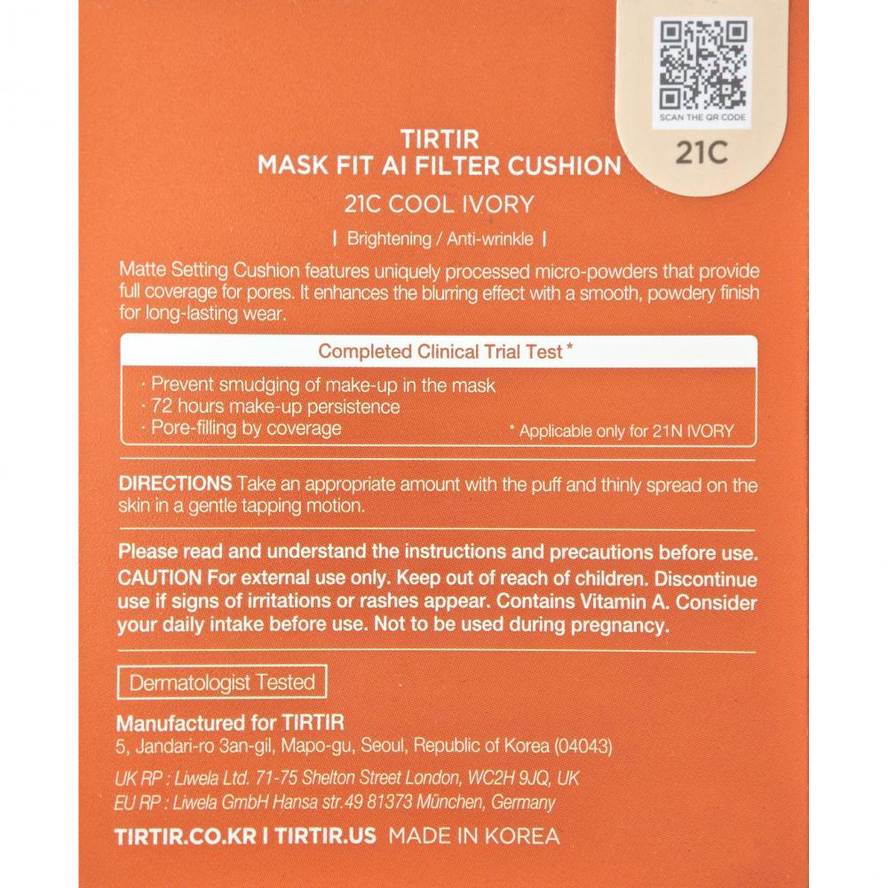 TIRTIR Mask Fit Ai Filter Cushion, 21C Cool Ivory, 18 gr - fond de ten tip cushion semi-mat formulat cu niacinamida si acid ascorbic, care contribuie la uniformizarea tenului si la mentinerea aspectului neted al pielii