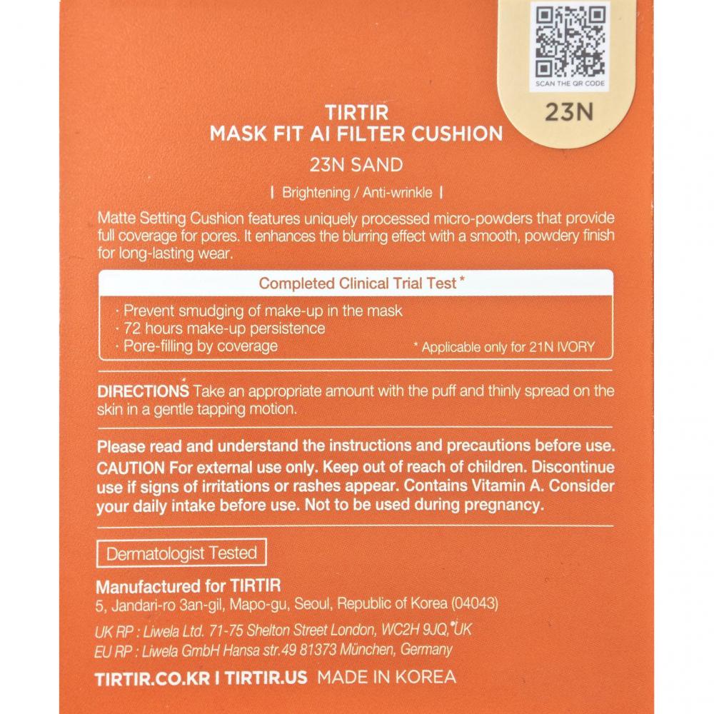 TIRTIR Mask Fit Ai Filter Cushion, 23N Sand, 18 gr - fond de ten cushion formulat cu niacinamida si acid ascorbic, care contribuie la uniformizarea tenului si la mentinerea aspectului pielii