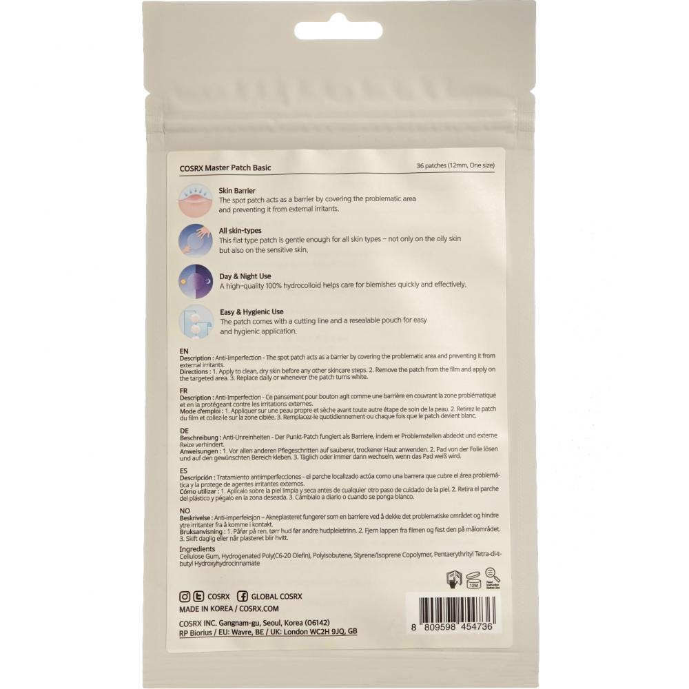 COSRX Master Patch Basic, 36 buc - plasturi formulati cu hidrocoloid, care contribuie la tratarea eruptiilor cutanate neprevazute si la metinerea umiditatii pentru a preveni aparitia altor eruptii