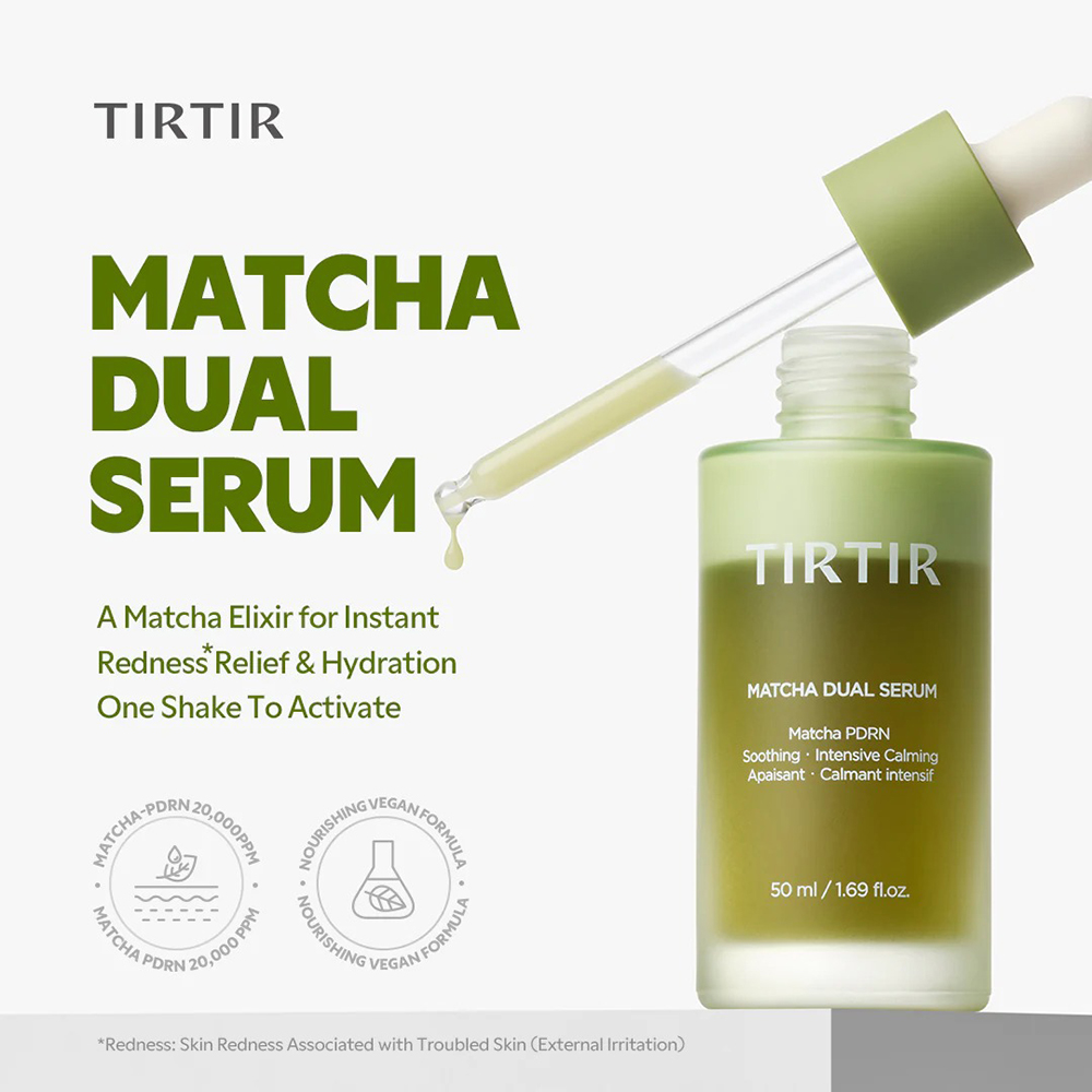 TIRTIR Matcha Dual Serum, 50 ml - ser de fata formulat cu niacinamida si extract de ceai verde, care contribuie la calmarea aspectului de roseata si la uniformizarea tonului si la metinerea luminozitatii naturale a tenului