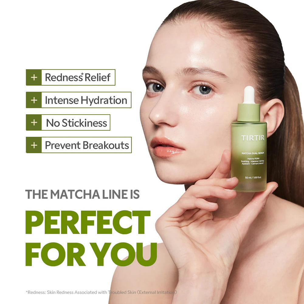 TIRTIR Matcha Dual Serum, 50 ml - ser de fata formulat cu niacinamida si extract de ceai verde, care contribuie la calmarea aspectului de roseata si la uniformizarea tonului si la metinerea luminozitatii naturale a tenului