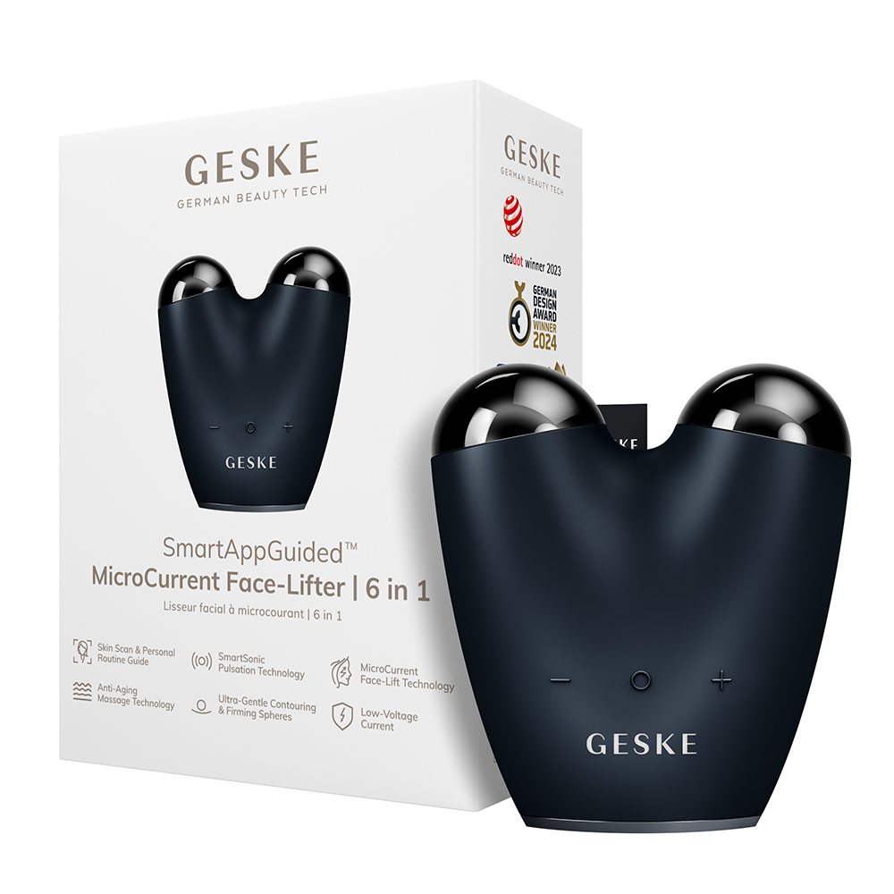 GESKE MicroCurrent Face-Lifter 6 in 1 - Dispozitiv facial cu microcurenti pentru fermitate, lifting si contur redefinit, ingrijire profesionala acasa, culoare Negru