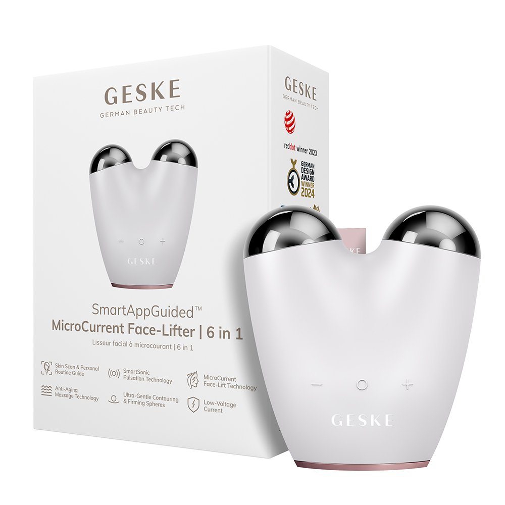 GESKE MicroCurrent Face-Lifter 6 in 1 - Dispozitiv facial cu microcurenti pentru fermitate, lifting si contur redefinit, ingrijire profesionala acasa, culoare Starlight