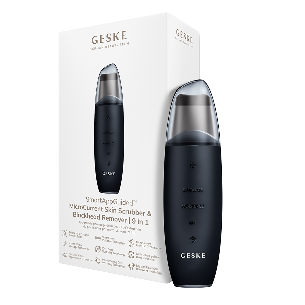 GESKE MicroCurrent Skin Scrubber and Blackhead Remover 9 in 1 - Aparat pentru curatarea tenului cu microcurenti si ultrasunete, care contribuie la curatarea punctelor negre si la indepartarea celulelor moarte - Black