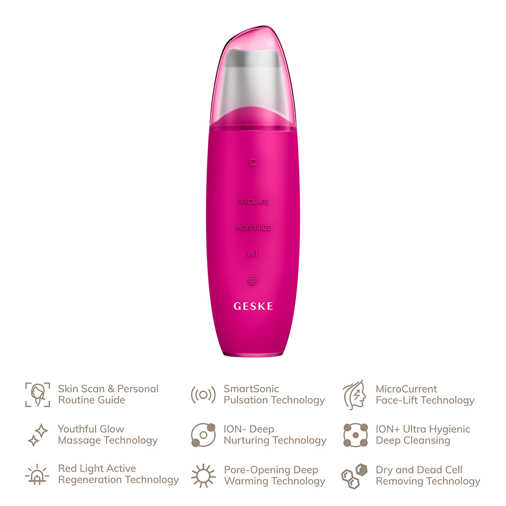 GESKE MicroCurrent Skin Scrubber and Blackhead Remover 9 in 1 – Dispozitiv Profesional pentru Curățarea Tenului, Magenta | German Beauty Tech