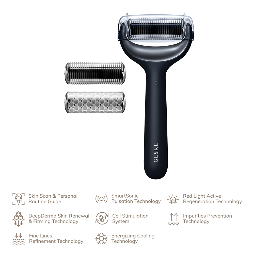 GESKE MicroNeedle Face and Body Roller 8 in 1 – Dispozitiv Profesional pentru Îngrijirea Feței și Corpului, Negru | German Beauty Tech