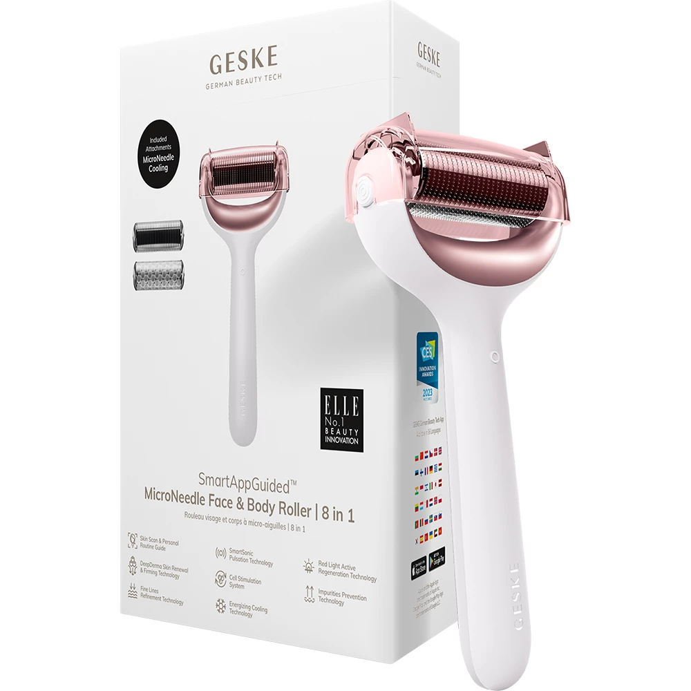 GESKE MicroNeedle Face and Body Roller 8 in 1 – Dispozitiv Profesional pentru Îngrijirea Feței și Corpului, Starlight | German Beauty Tech
