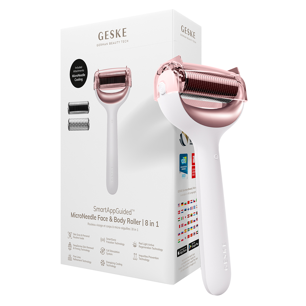 GESKE MicroNeedle Face and Body Roller 8 in 1 - Aparat de microneedling cu acid hialuronic si vitamina C - Starlight
