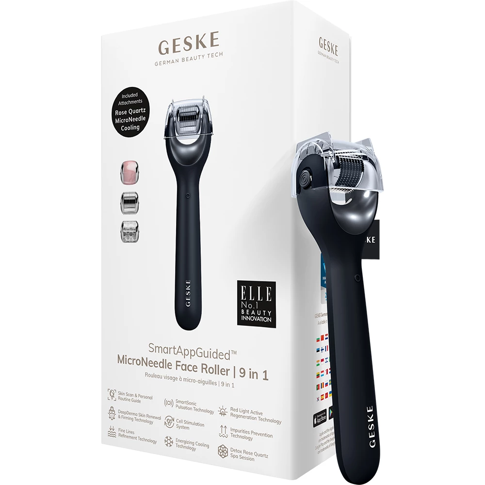 GESKE MicroNeedle Face Roller 9 in 1 Black - Microneedling facial pentru fermitate si stralucire, regenerare celulara si reducerea ridurilor fine, 1 buc