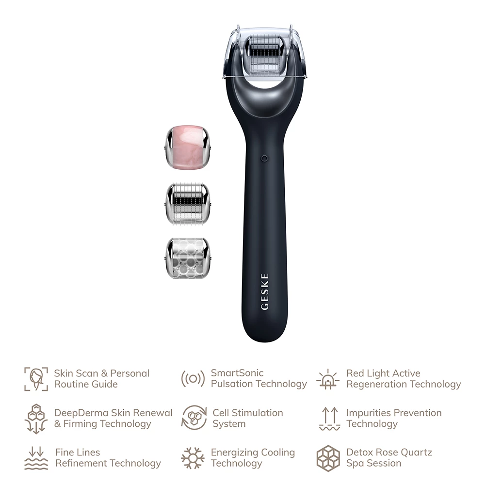 GESKE MicroNeedle Face Roller 9 in 1 Black - Microneedling facial pentru fermitate si stralucire, regenerare celulara si reducerea ridurilor fine, 1 buc