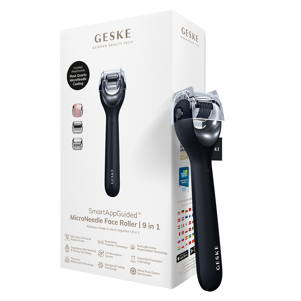 GESKE MicroNeedle Face Roller 9 in 1 Black - Microneedling facial pentru fermitate si stralucire, regenerare celulara si reducerea ridurilor fine, 1 buc
