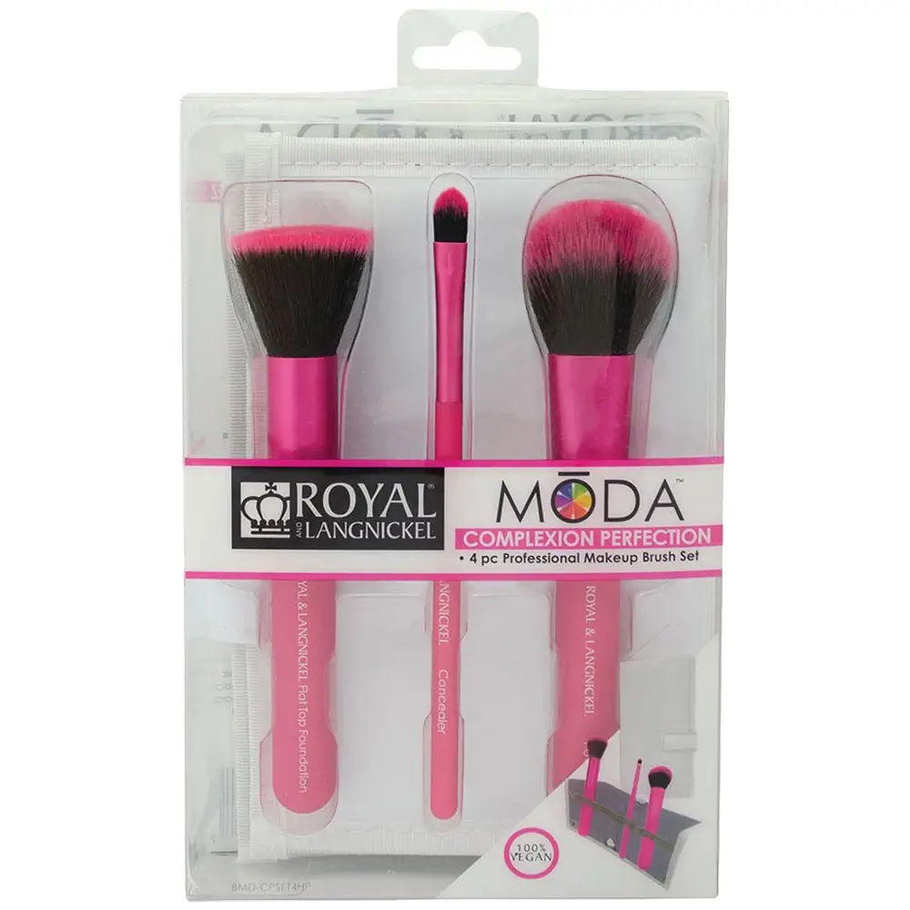 ROYAL AND LANGNICKEL Moda Complexion Perfection Set Pensule 4 Piese Roz - Pensule Machiaj Profesionale pentru Ten Perfect, Aplicare Usoara si Rapida, 100% Vegan, 1 set