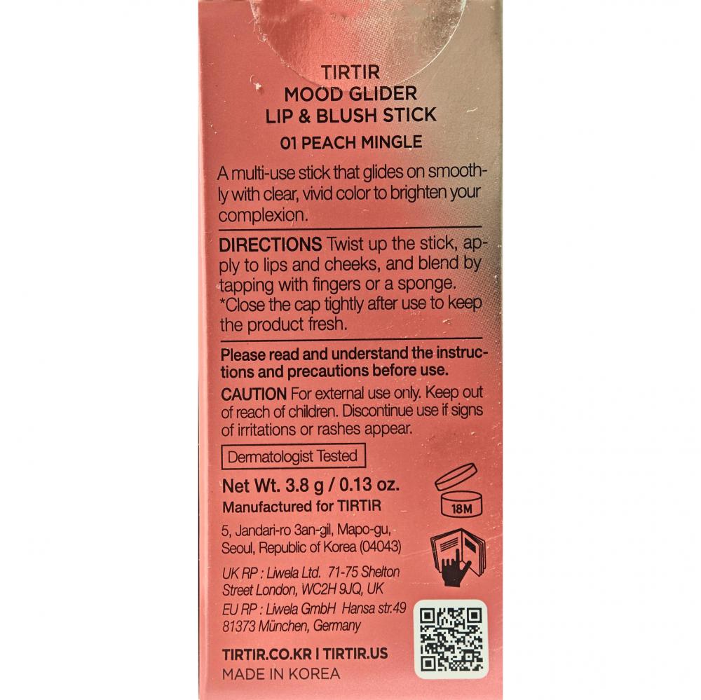TIRTIR Mood Glider Lip and Blush Stick, 01 Peach Mingle, 3.8 gr - nuantator pentru buze pentru buze, obraji si pleoape, cu intensitate ajustabila prin aplicari succesive si textura usor de aplicat si estompat