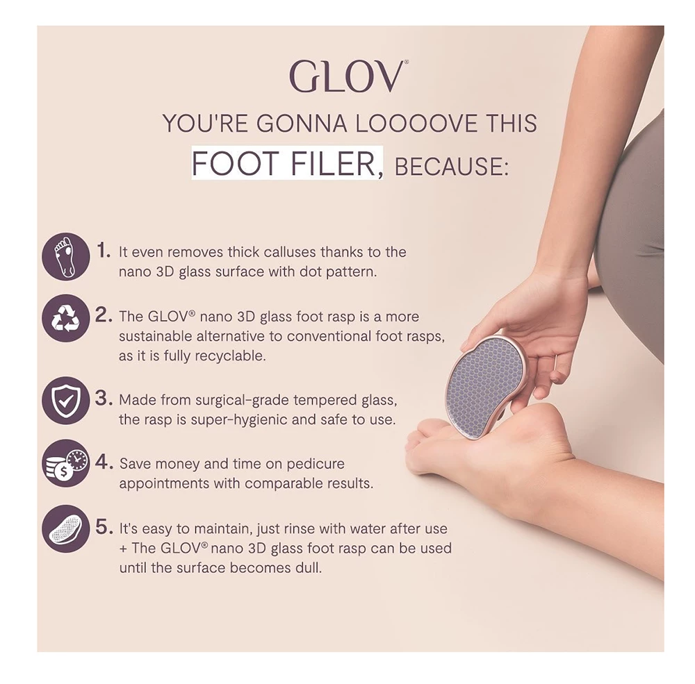 GLOV Nano Glass ustensila pentru calcaie Pink - indeparteaza delicat calusul si pielea uscata, pentru calcaie netede si catifelate
