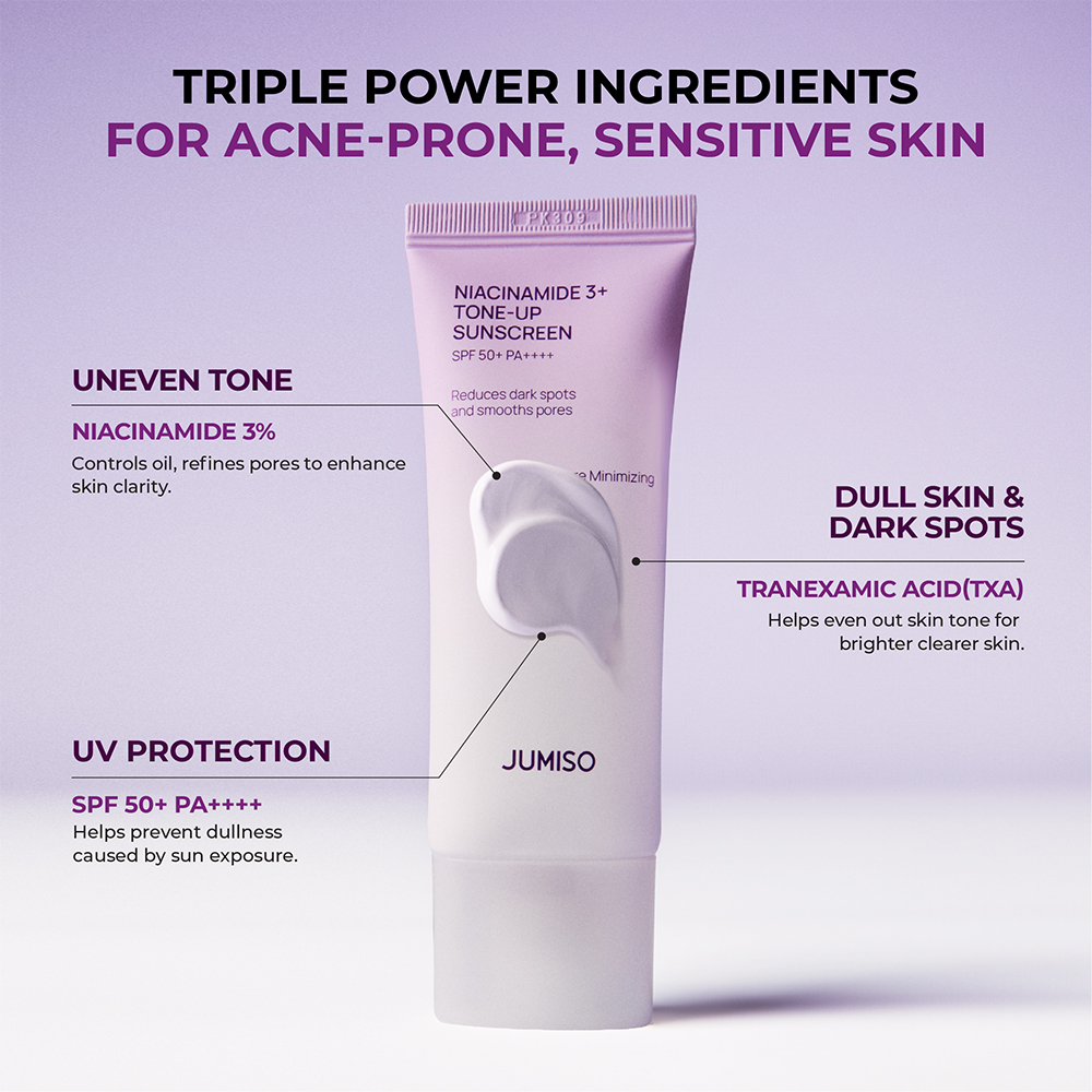 JUMISO Niacinamide 3+ Tone-up Sunscreen, 40 ml - Crema de fata formulata cu niacinamida si acid tranexamic, care contribuie la protectia ridicata impotriva radiatiilor UVA si UVB si la mentinerea luminozitatii tenului, Daily