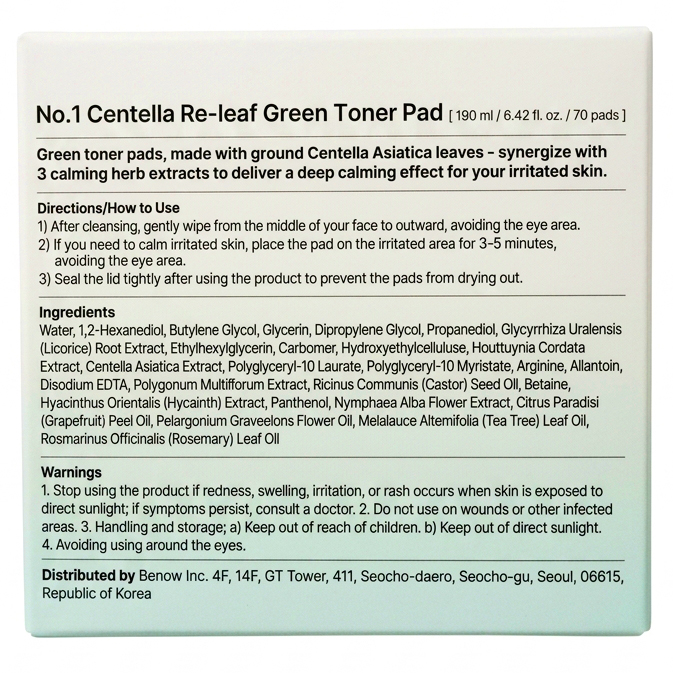 Numbuzin Centella Re-leaf Dischete Tonice Calmante 70 buc - Hidratare si Calmare Ten Acneic, 150 ml