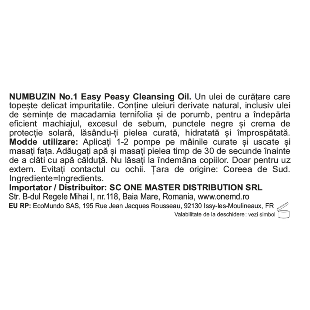 NUMBUZIN No.1 Easy Peasy Ulei Demachiant pentru Fata – Curatare Delicata si Hidratare, 200 ml