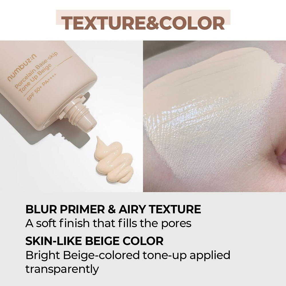 Numbuzin No.3 Porcelain Base-Skip Tone Up Beige – Bază de Machiaj Colorată cu SPF50+ PA++++, 50 ml | Luminozitate & Protecție