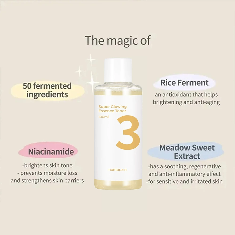 Numbuzin No.3 Super Glowing Essence Toner – Toner de față iluminator cu textură esență, 100 ml