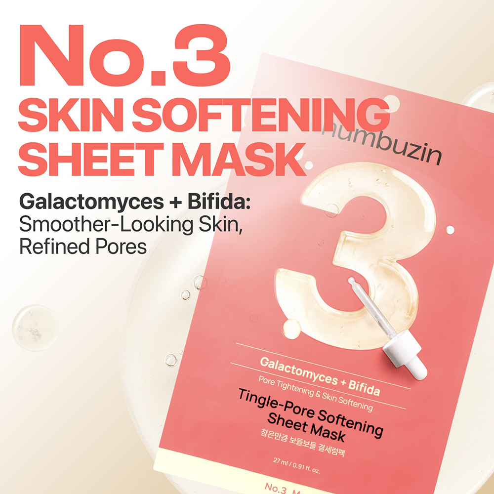 NUMBUZIN No.3 Tingle-Pore Softening Sheet Mask - masca de fata formulata cu Bifida Ferment Lysate si Galactomyces Ferment Filtrate, care contribuie la reducerea aspectului porilor si la uniformizarea texturii - 27 ml