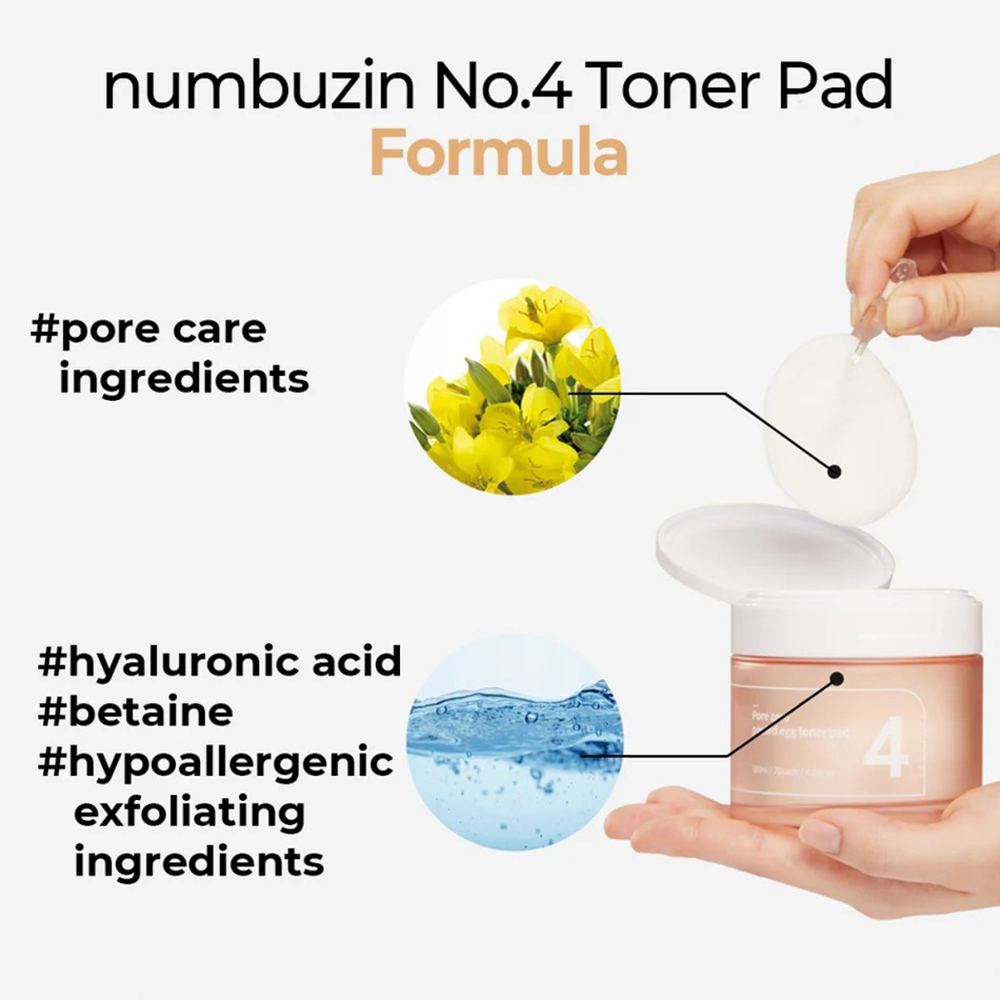 Numbuzin No.4 Pore Zero Peeled Egg Toner Pad – Dischete Exfoliante pentru Curățarea Porilor, 70 Buc | Control Sebum și Hidratare