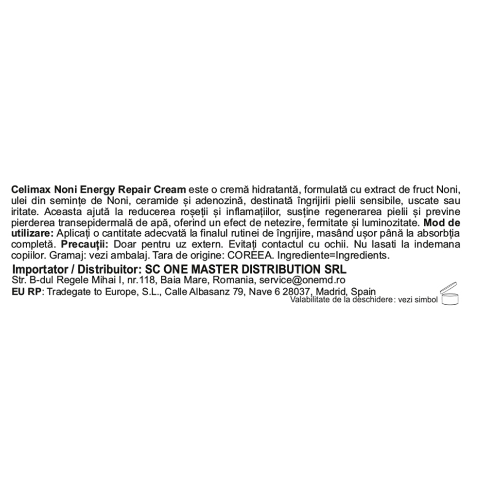 CELIMAX Noni Energy Repair Cream - crema de fata formulata cu extract de fruct Noni si ceramida NP, care contribuie la reducerea rosetii si la mentinerea hidratarii pielii - 50 ml