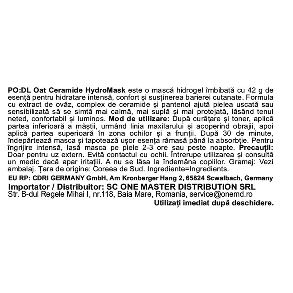 PODL Oat Ceramide Hydromask, 42 gr - Masca de fata formulata cu ovaz si ceramide, care contribuie la calmarea pielii sensibilizate si la intarirea barierei cutanate si la metinerea hidratarii de lunga durata