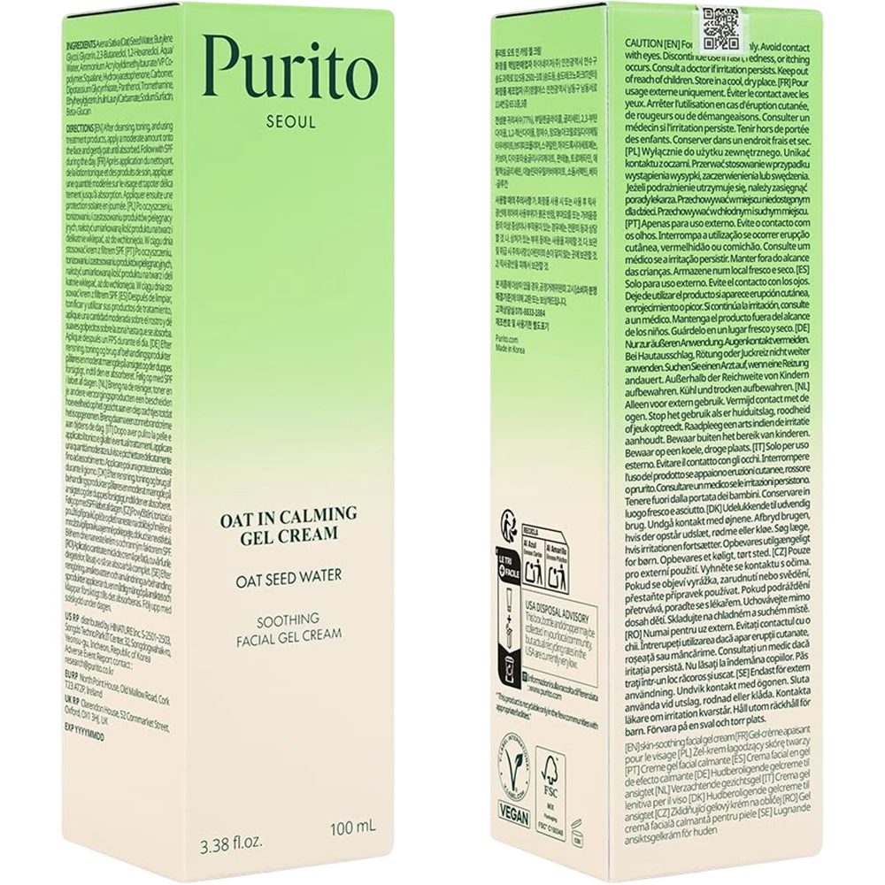 PURITO Oat-In crema-gel calmanta pentru fata Gel de fata - hidratare intensa si calmare ten sensibil, 100 ml