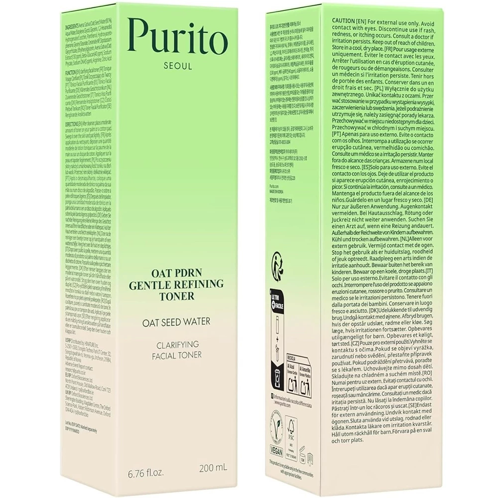 PURITO Oat Pdrn Gentle Refining Toner - hidratare si calmare cu extract de ovaz si pdrn vegetal, 200 ml