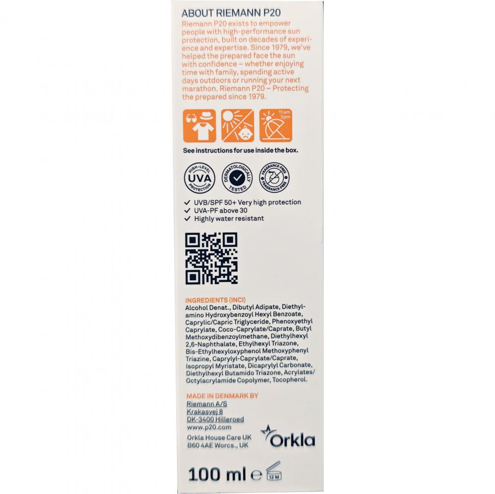 RIEMANN P20 Original SPF 50+ PA++++, 100 ml - spray formulat fara parfum si fara octocrilen, care contribuie la protectia UVA si UVB si la mentinerea rezistentei la apa si transpiratie, Outdoor