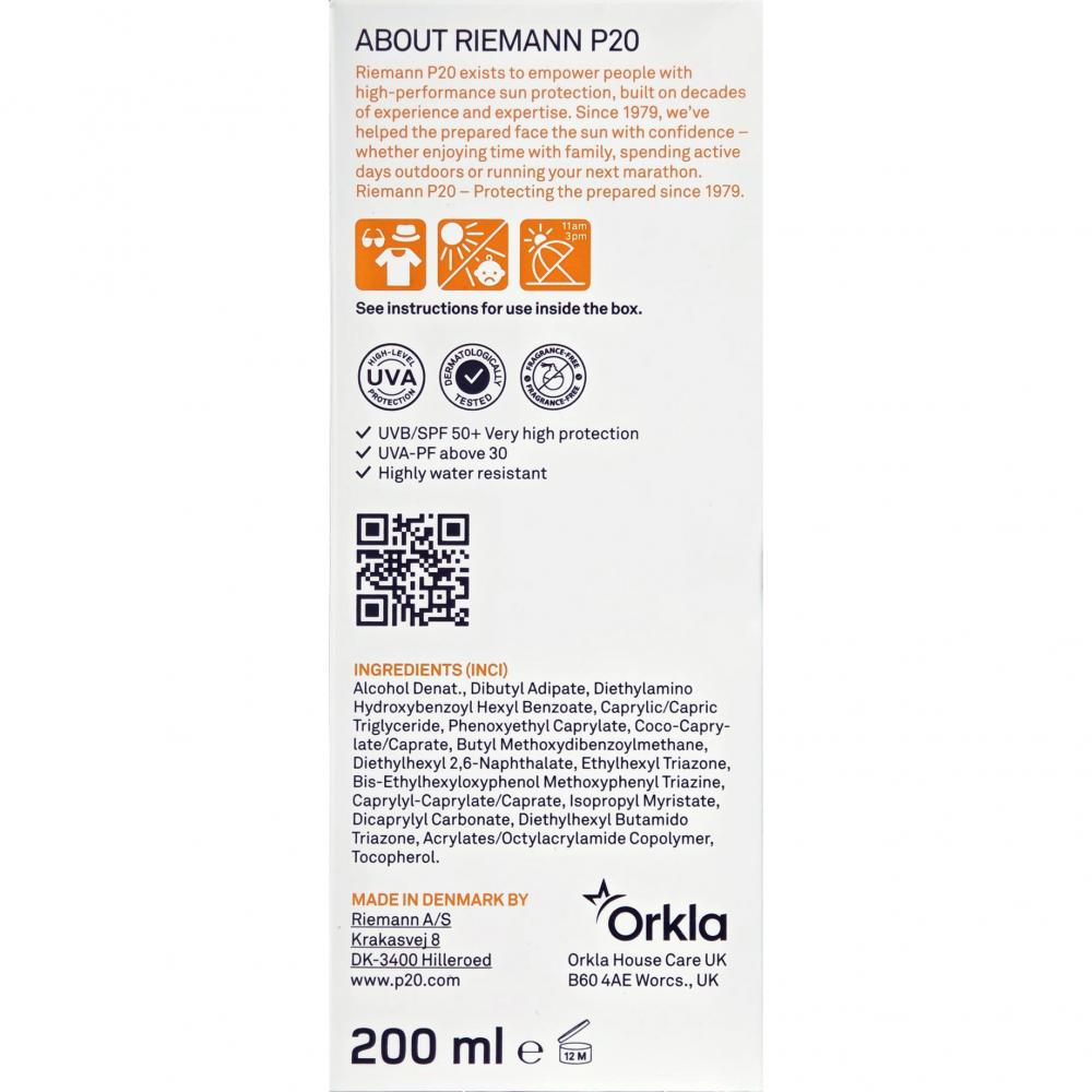 RIEMANN P20 Original SPF50+ PA++++ 200 ml - Spray transparent cu filtre UVA si UVB si formula fara parfum, Outdoor