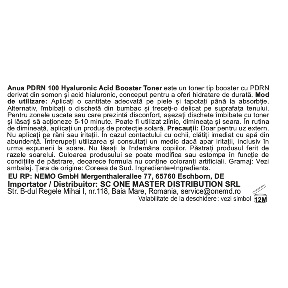 ANUA PDRN 100 Hyaluronic Acid Booster Toner 250 ml - Toner de fata formulat cu PDRN si acid hialuronic, care contribuie la hidratarea pielii si la mentinerea luminozitatii tenului