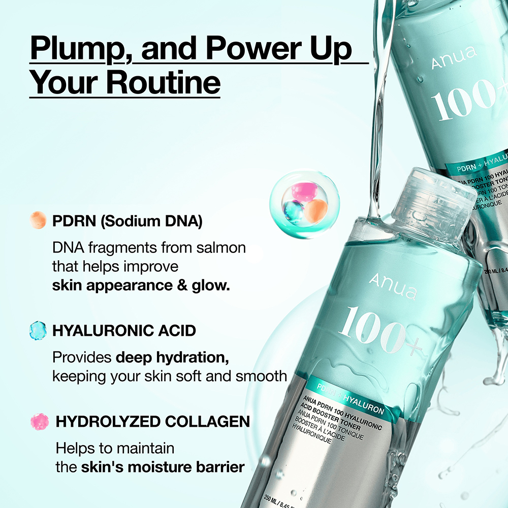 ANUA PDRN 100 Hyaluronic Acid Booster Toner 250 ml - Toner de fata formulat cu PDRN si acid hialuronic, care contribuie la hidratarea pielii si la mentinerea luminozitatii tenului