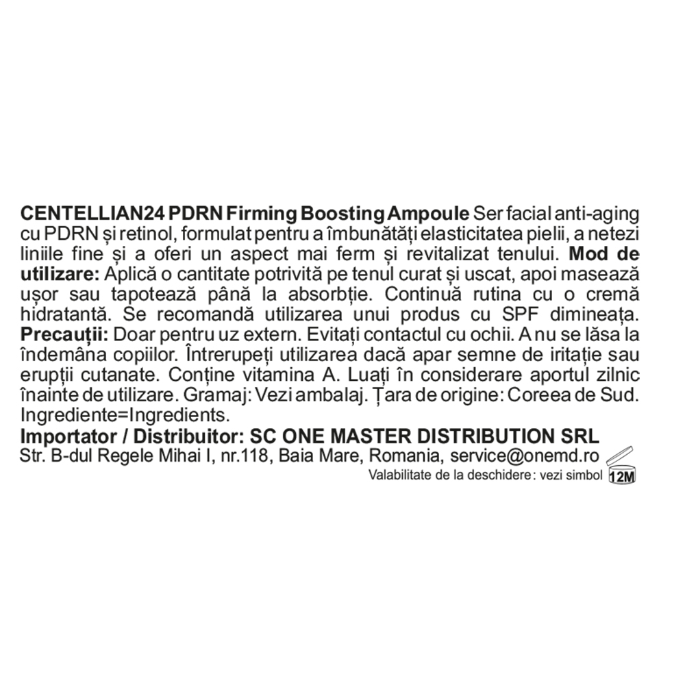 CENTELLIAN24 PDRN Firming Boosting Ampoule - ser de fata formulat cu PDRN (Sodium DNA) si retinol, care contribuie la sustinerea regenerarii pielii si la imbunatatirea aspectului general al tenului - 30 ml
