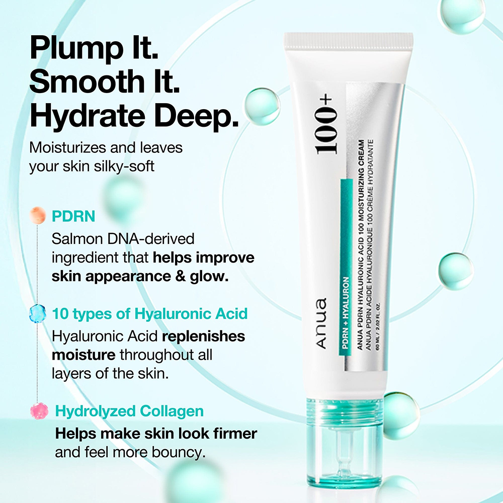 ANUA PDRN Hyaluronic Acid 100 Moisturizing, 60 ml - Crema de fata formulata cu PDRN si acid hialuronic, care contribuie la hidratarea pielii si la mentinerea confortului cutanat