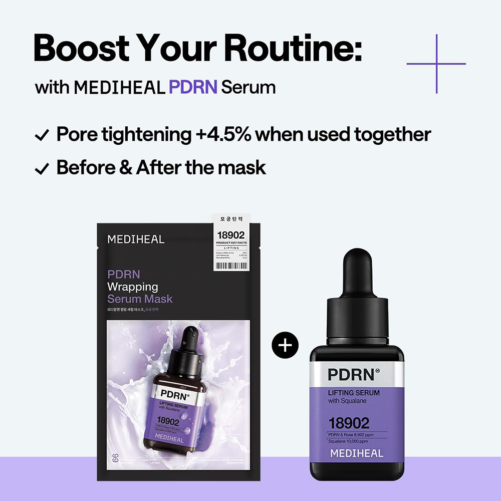 MEDIHEAL PDRN Wrapping Serum Mask Lifting, 25 ml - Masca de fata formulata cu PDRN si pantenol, care contribuie la fermitate, lifting si ingrijirea porilor vizibili