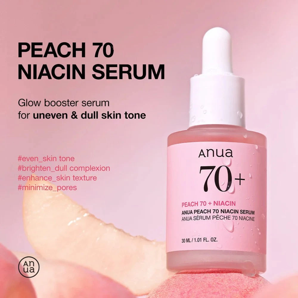 Anua Peach Glow Ser pentru fata 70% Niacin - Hidratare intensa si luminozitate naturala, 30 ml