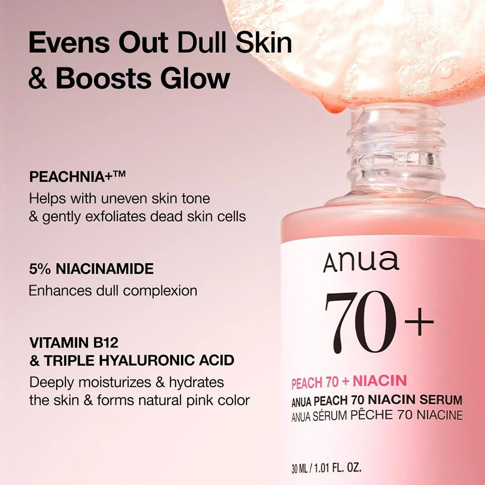 Anua Peach Glow Ser pentru fata 70% Niacin - Hidratare intensa si luminozitate naturala, 30 ml
