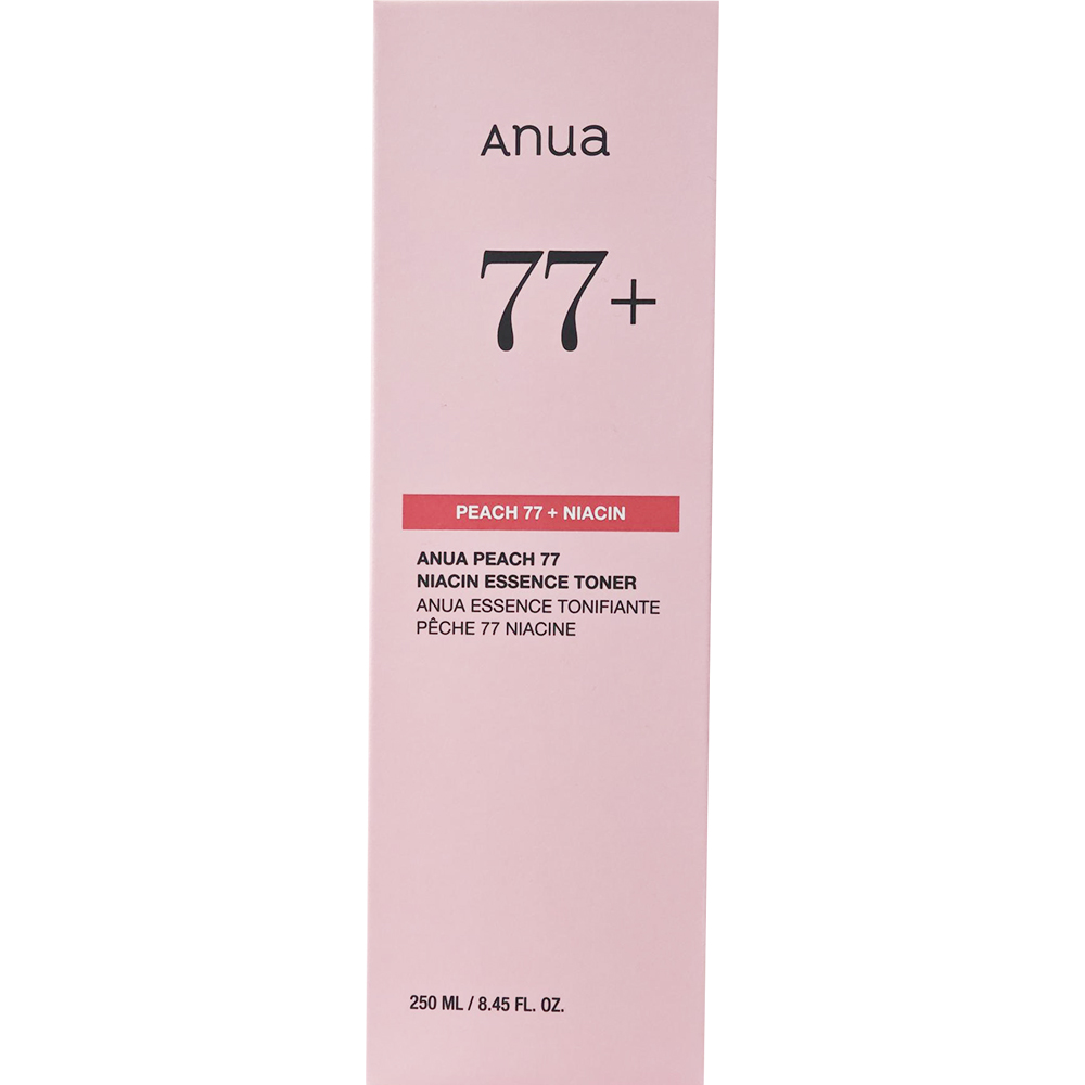 ANUA Peach 77 Niacin Essence Toner, 250 ml - Toner de fata formulat cu apa de piersici, niacinamida si acid hialuronic, care contribuie la uniformizarea nuantei pielii si la metinerea hidratarii