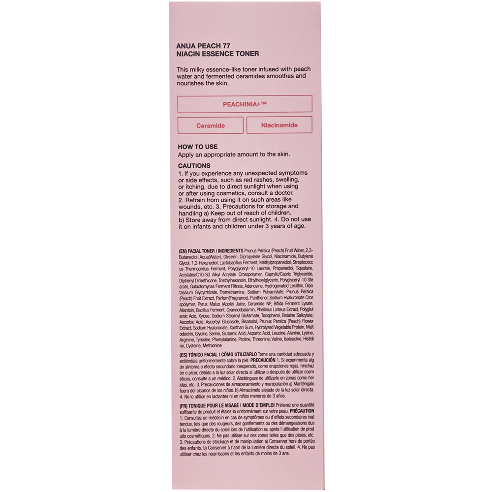 ANUA Peach 77 Niacin Essence Toner, 250 ml - Toner de fata formulat cu apa de piersici, niacinamida si acid hialuronic, care contribuie la uniformizarea nuantei pielii si la metinerea hidratarii