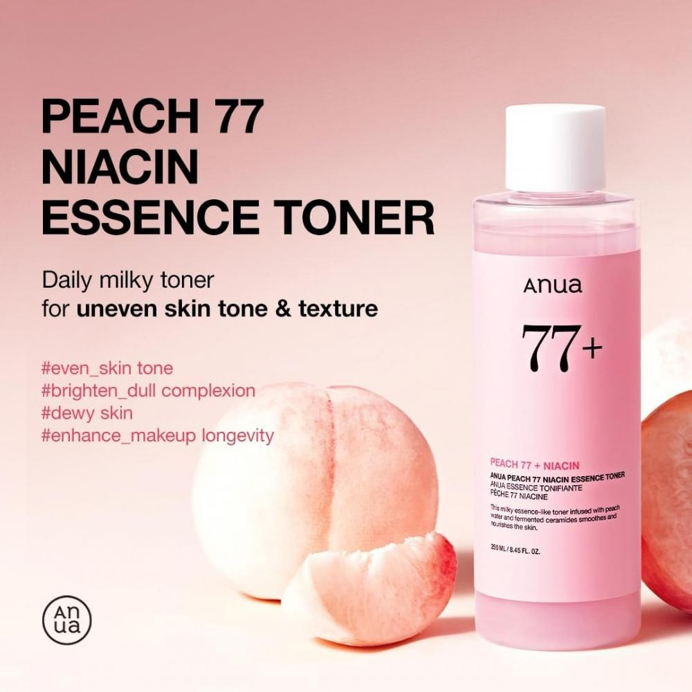 ANUA Peach Glow Toner Esenta pentru fata 77 - Toner hidratant cu niacinamida si apa de piersici pentru stralucire, 250 ml