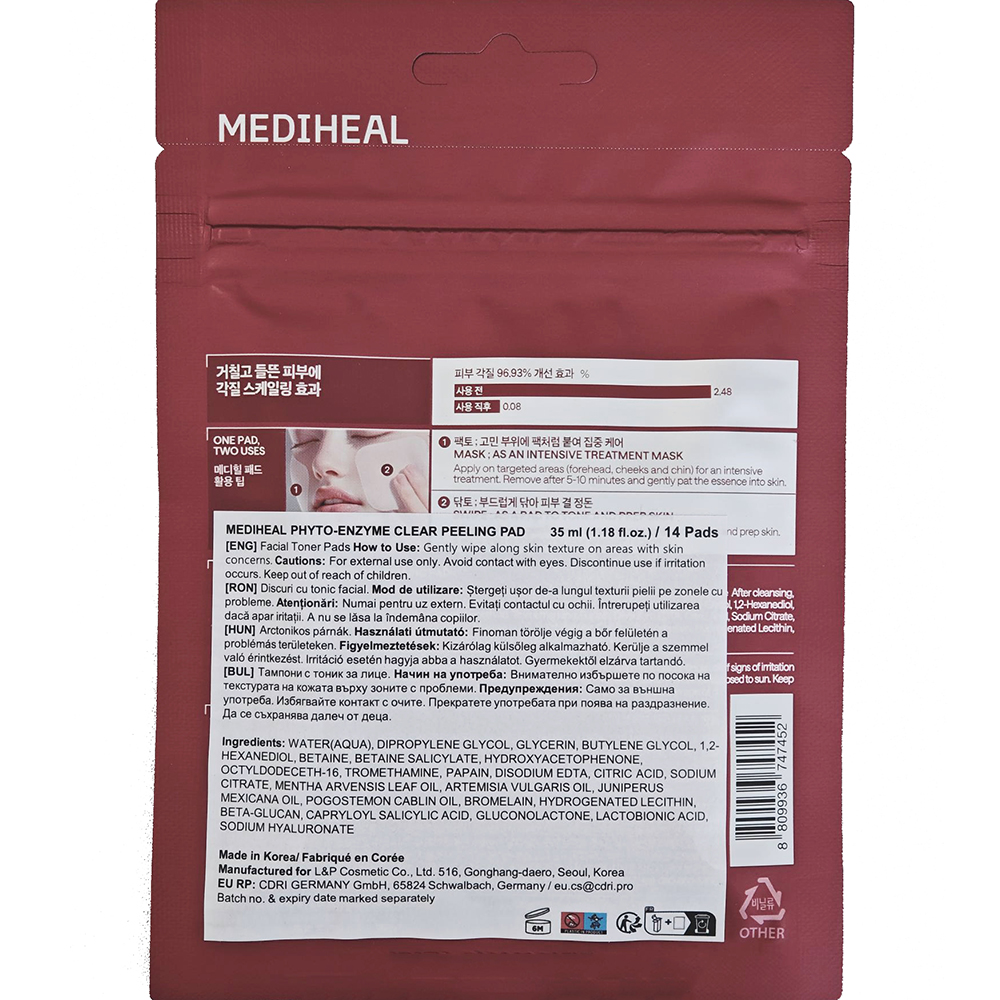 MEDIHEAL Phyto-enzyme Clear Peeling Pad, 14 pcs - Toner de fata formulat cu enzime din papaya si ananas, care contribuie la indepartarea celulelor moarte