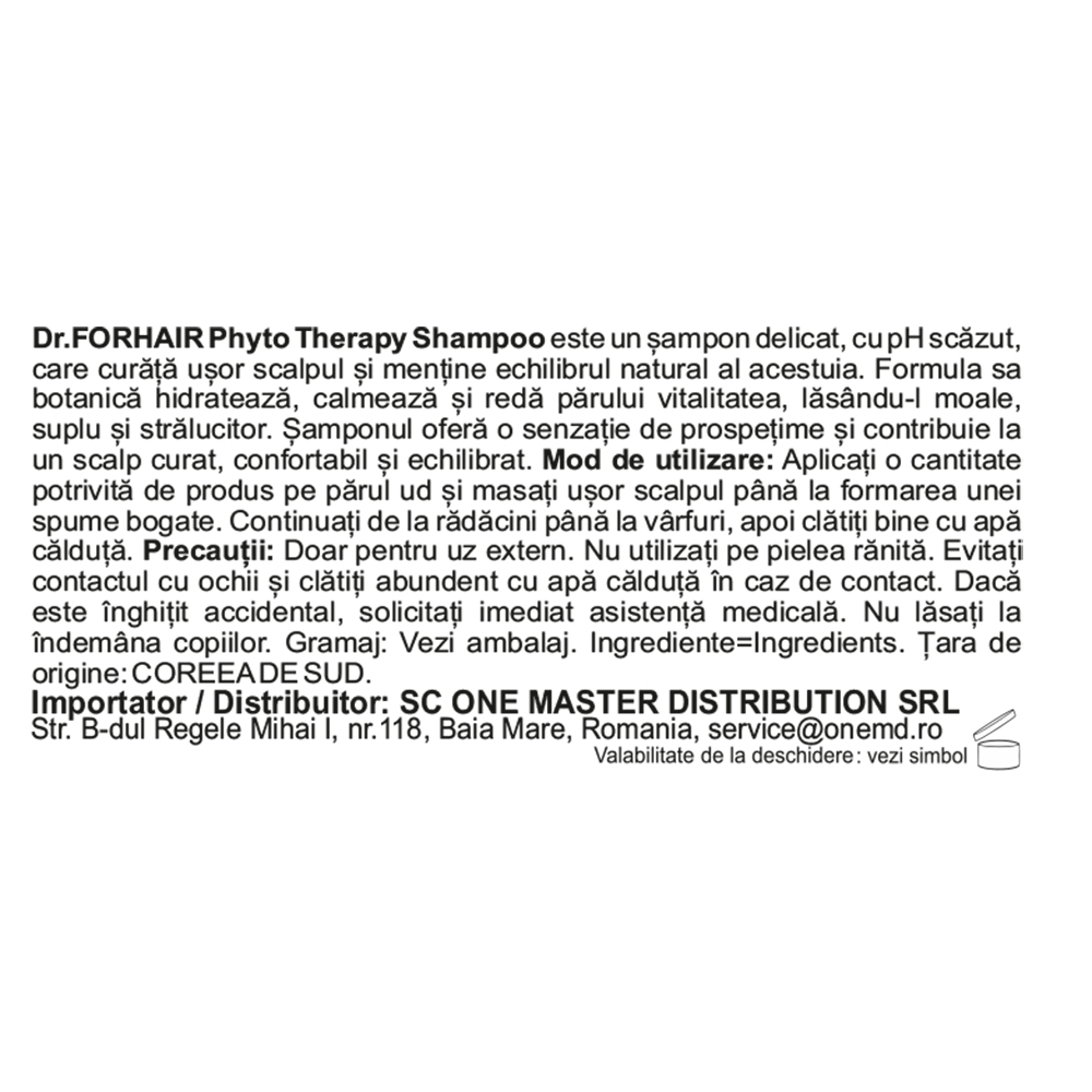 Dr. FORHAIR Phyto Therapy Shampoo - sampon bland, cu pH scazut (5.0-6.0), formulat cu extract de camelia si extract de moringa, care contribuie la curatarea delicata a scalpului si la restabilirea echilibrului natural - 500 ml
