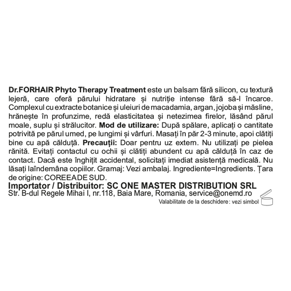 Dr. FORHAIR Phyto Therapy Treatment - balsam formulat cu ulei de argan si ulei de avocado, care contribuie la hidratarea parului si la mentinerea aspectului neted - 500 ml