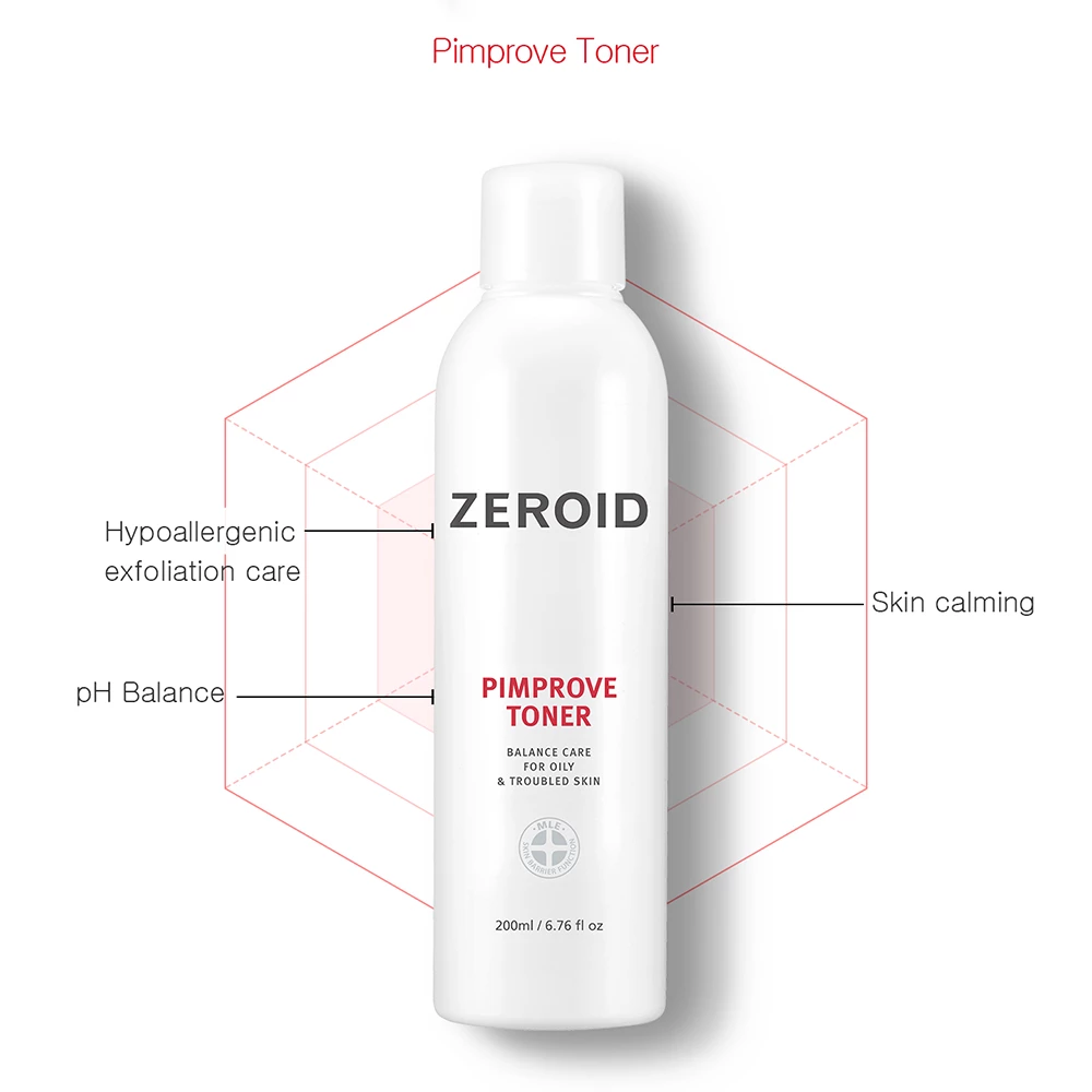 Zeroid Pimprove Toner | Exfoliere Delicată & Hidratare pentru Ten Gras și Acneic, 200 ml