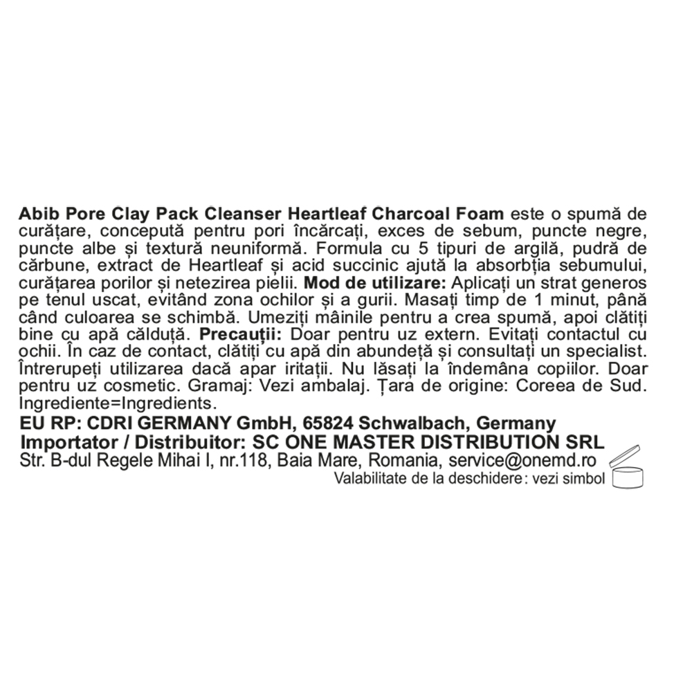 ABIB Pore Clay Pack Cleanser Heartleaf Charcoal Foam, 120 ml - Spuma de curatare formulata cu pudra de carbune si extract de Houttuynia Cordata, care contribuie la curatarea porilor si la absorbtia sebumului