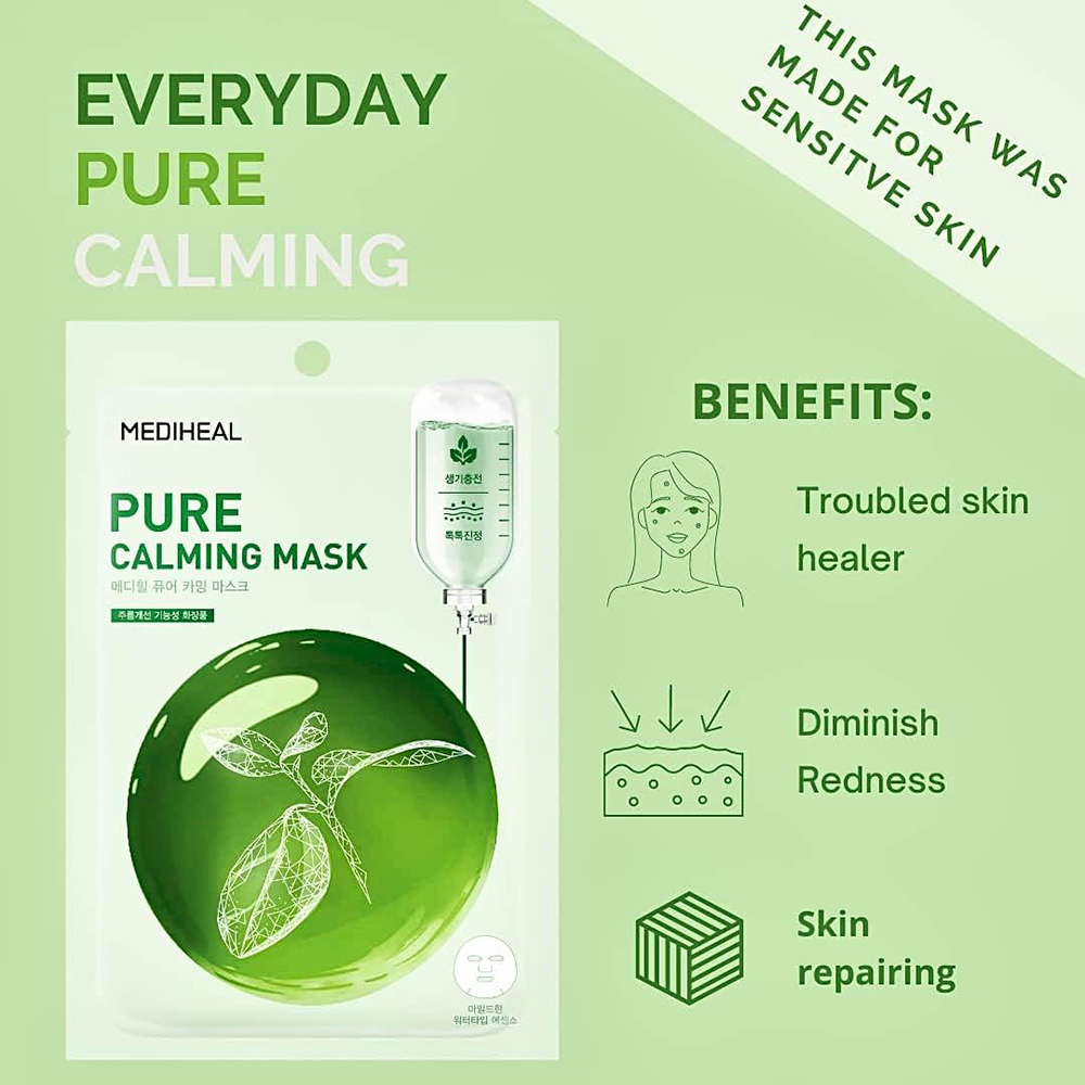 MEDIHEAL Pure Calming Sheet Mask - masca de fata tip servetel formulata cu extract de arbore de ceai si glicerina, care contribuie la calmarea pielii sensibile sau iritate si la metinerea echilibrului pielii - 20 ml