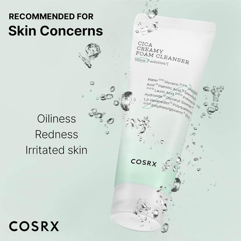 COSRX Cica Creamy Cleanser, 150 ml - spuma de curatare formulata cu complexul Pure Fit CICA-7 si extract de scoarta Pinus Pinaster, care contribuie la eliminarea impuritatilor si murdariei din pori