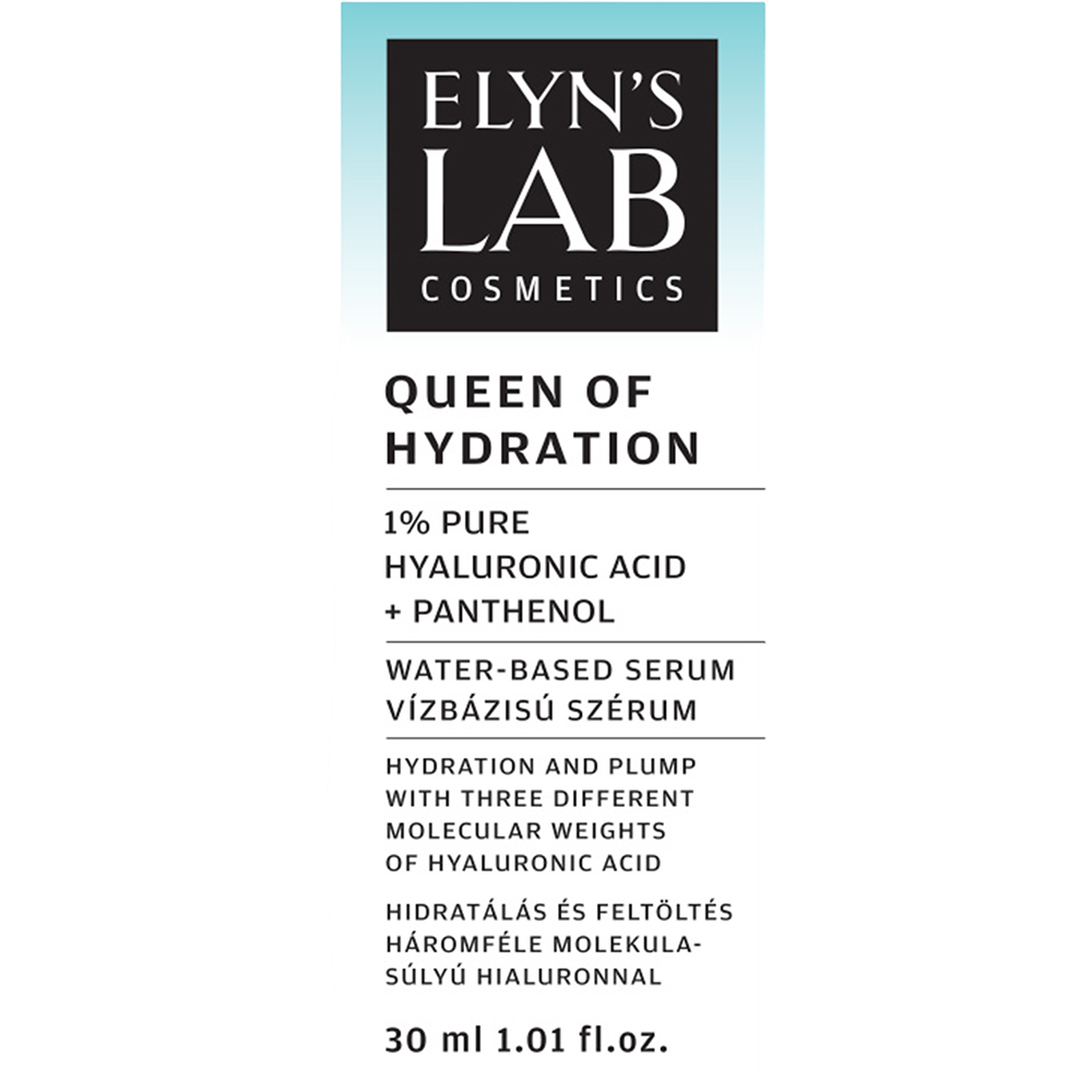 ELYN'S LAB Queen of Hydration 1% hyaluronic acid + Panthenol - ser de fata formulat cu acid hialuronic si pantenol, care contribuie la hidratarea pielii uscate si deshidratate si la metinerea confortului cutanat - 30 ml
