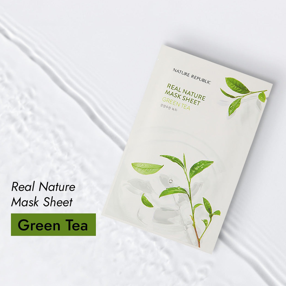 Nature Republic Real Nature Green Tea Mask Sheet – Mască de față calmantă și revitalizantă cu extract de ceai verde, 23 g